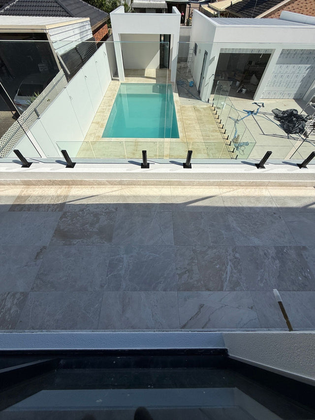 Pool and surrounding paving viewed from the balcony, Punchbowl.
